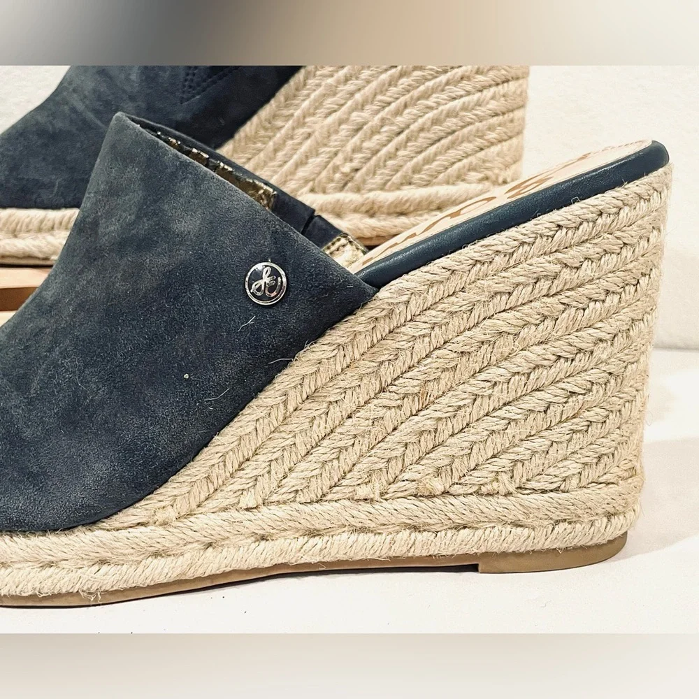 💥3/$50 Sam Edelman “BONNIE” Espadrille Navy Blue Suede Jute Wedge Sandals | GUC